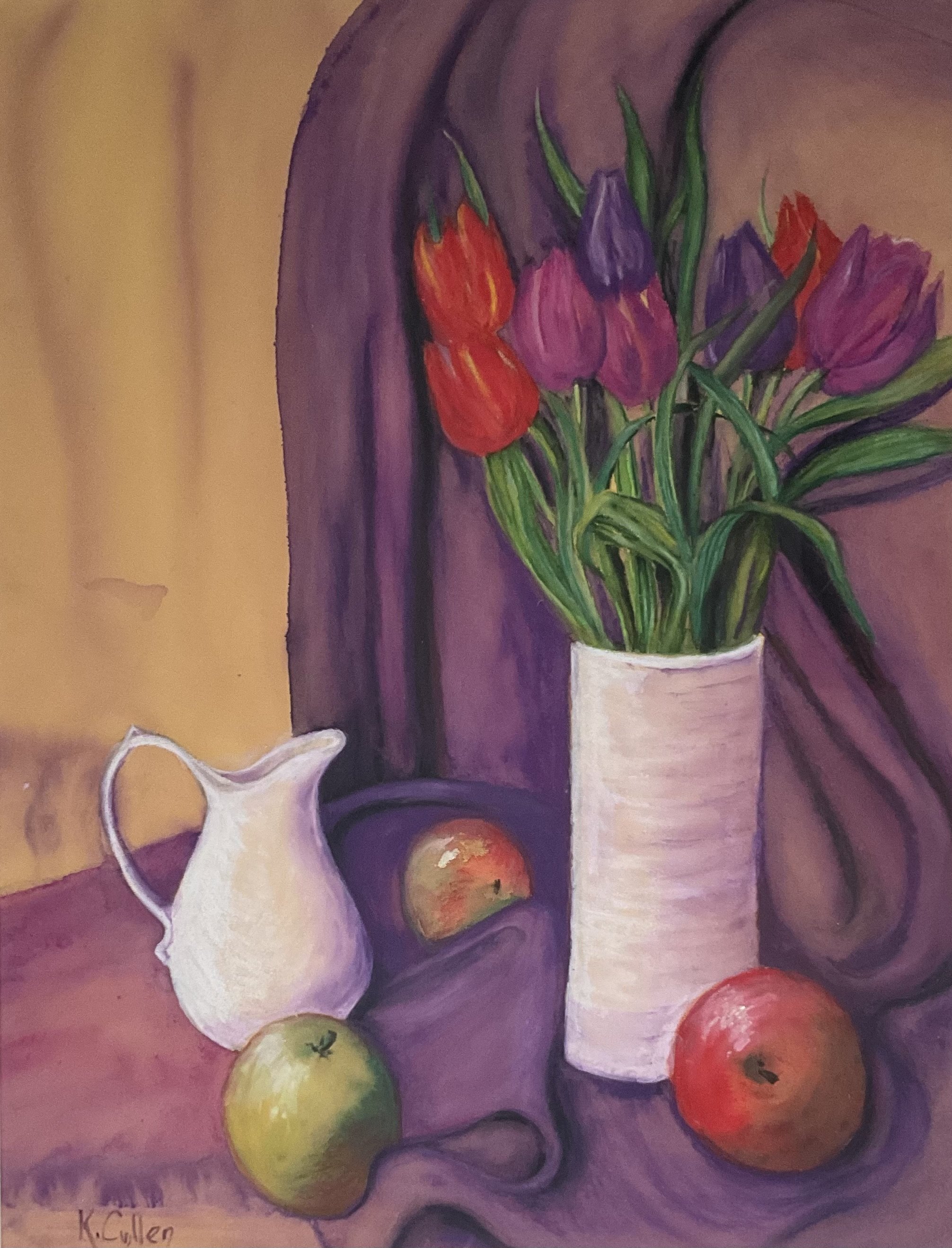 Still-Life With Tulips - Kay Cullen, soft pastels, 38cm x 30cm artwork, 53cm x 43cm framed size. £250.
