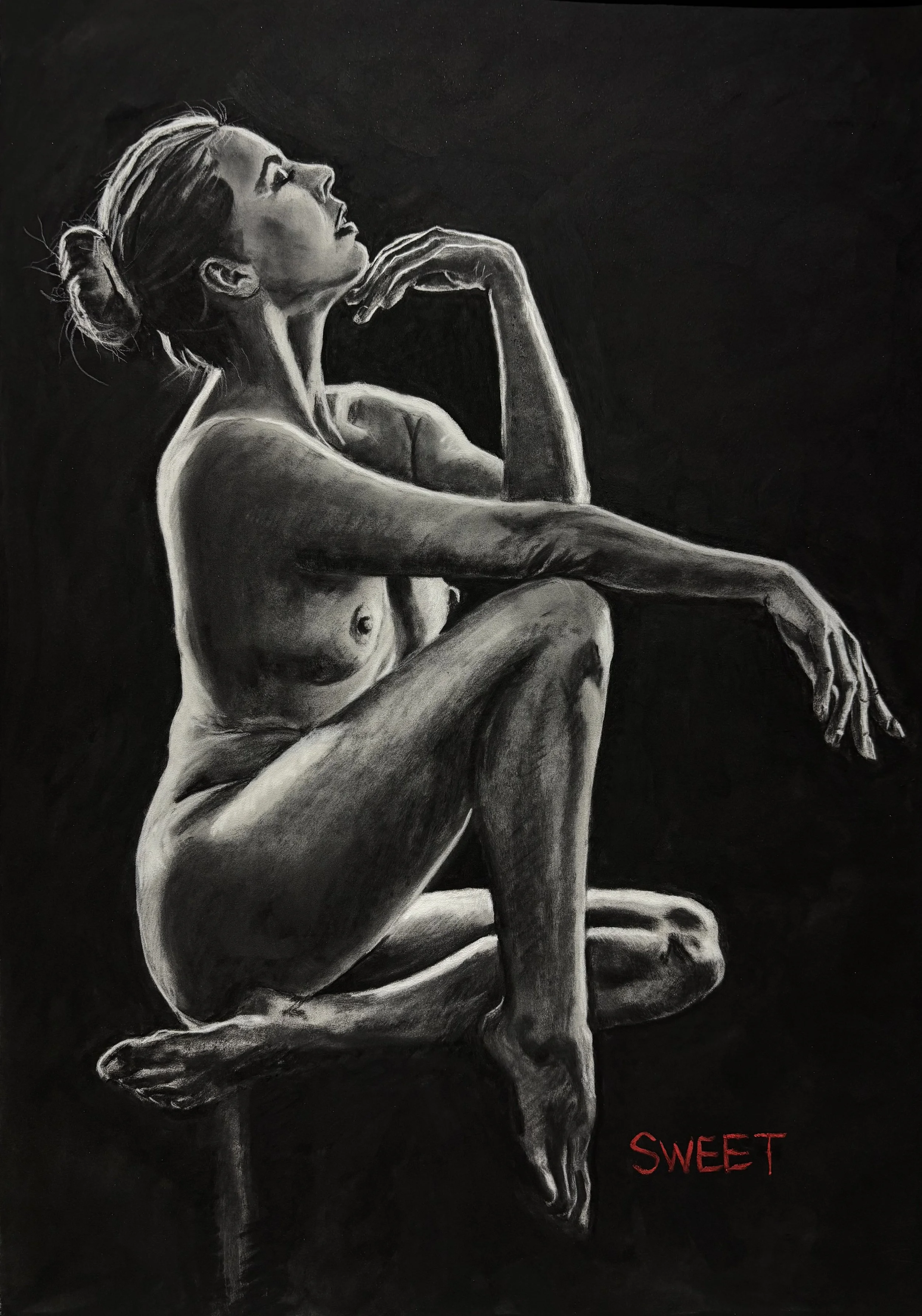 Seated, by David Sweet.
Charcoal.
Artwork 45cm x 60cm
Framed 60cm x 80cm
Price - £550