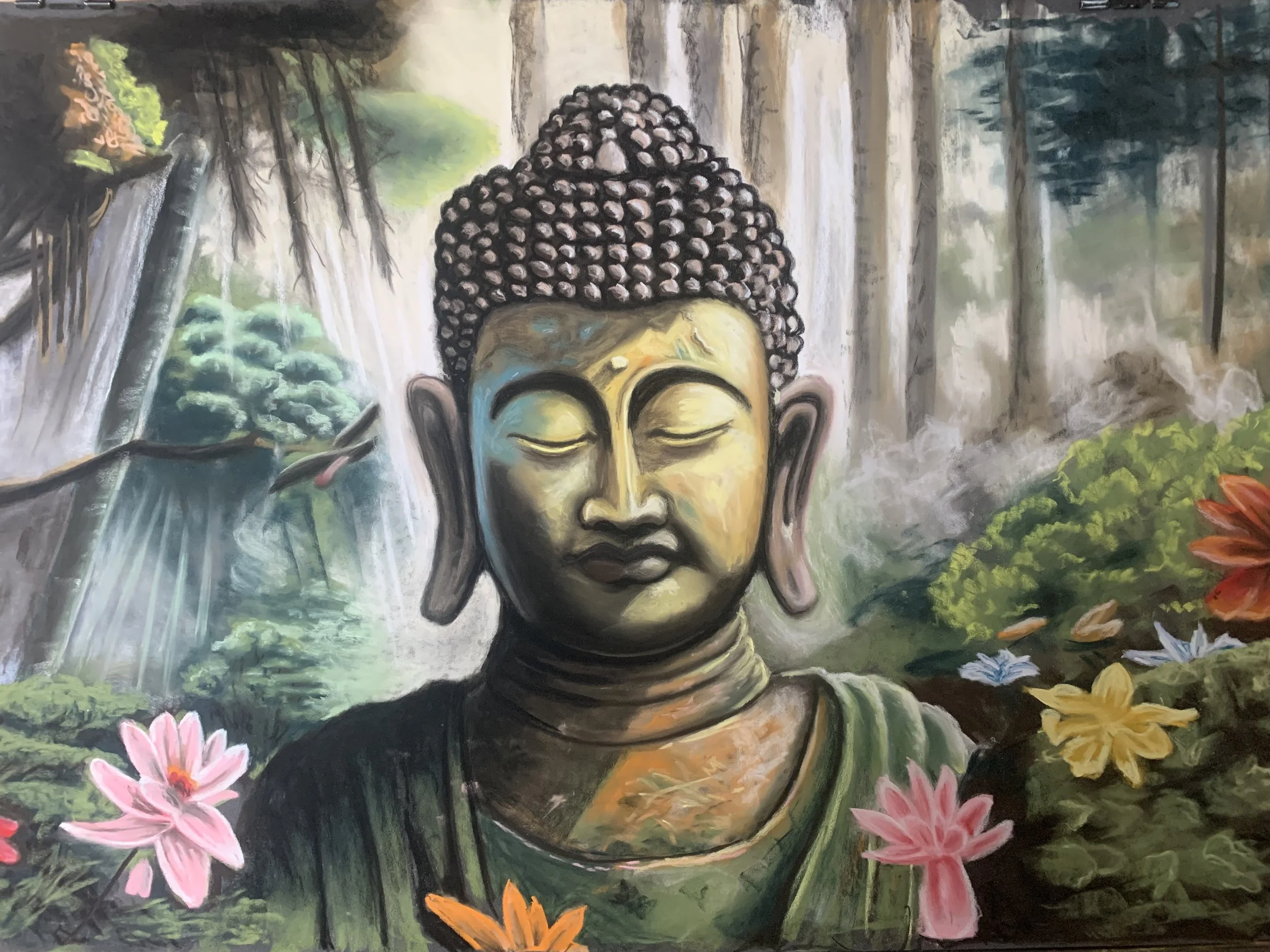 Buddha, by Michael Friel; Soft pastel; Unframed dimension - 45 x 66 cm; Framed dimensions 63 x 83 cm; Price £650.00