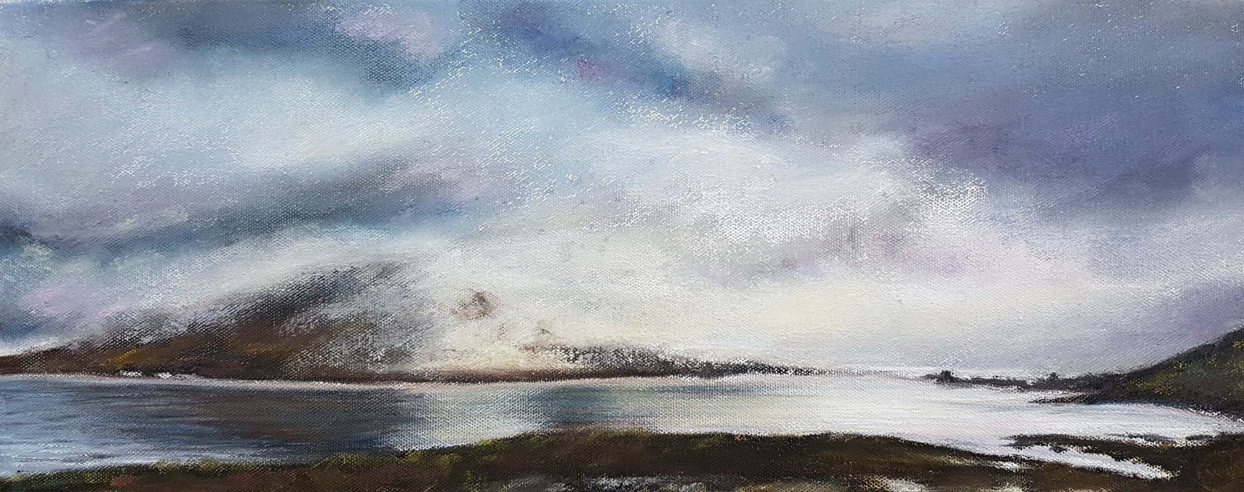 January, Arran, by Julie Wilson.
Soft pastel on stretched canvas.
Artwork - 20cm x 50cm.
Framed - 34cm x 64cm.
Price - £270