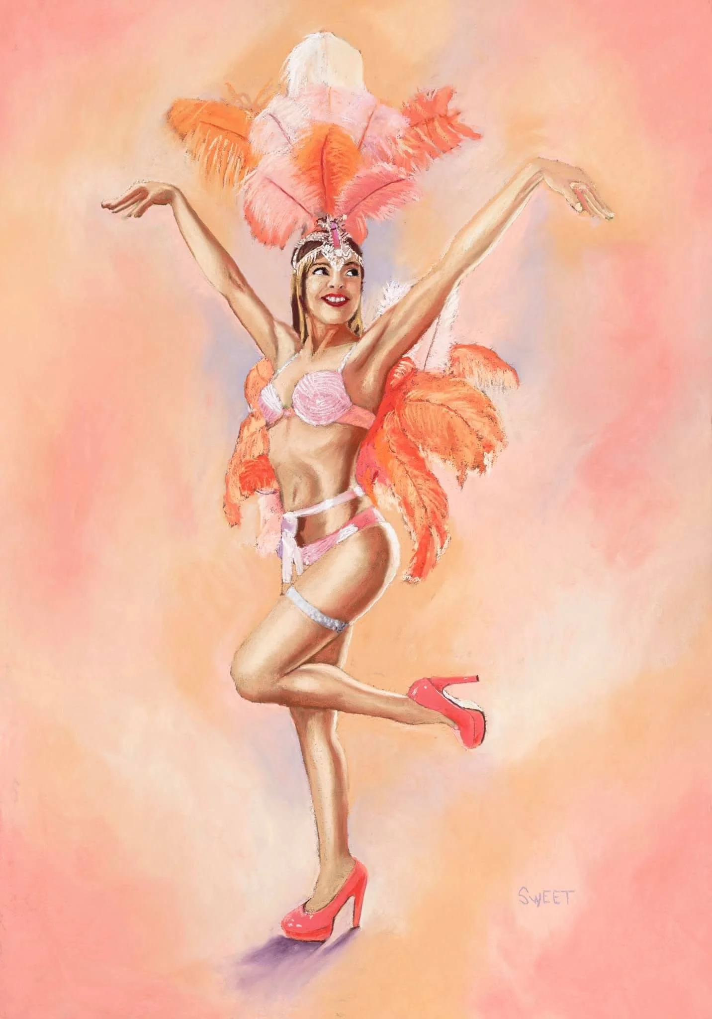 Showgirl, by David Sweet, Soft pastel; Unframed dimensions - 84 x 55 cm; Framed dimensions - 110 x 82 cm; Price - £900.00