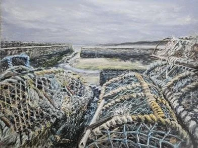 Lobster creels, St. Andrews, by Julie Wilson.
Soft pastel.
Artwork - 40cm x 30cm
Framed - 52cm x 42cm
Price - £395