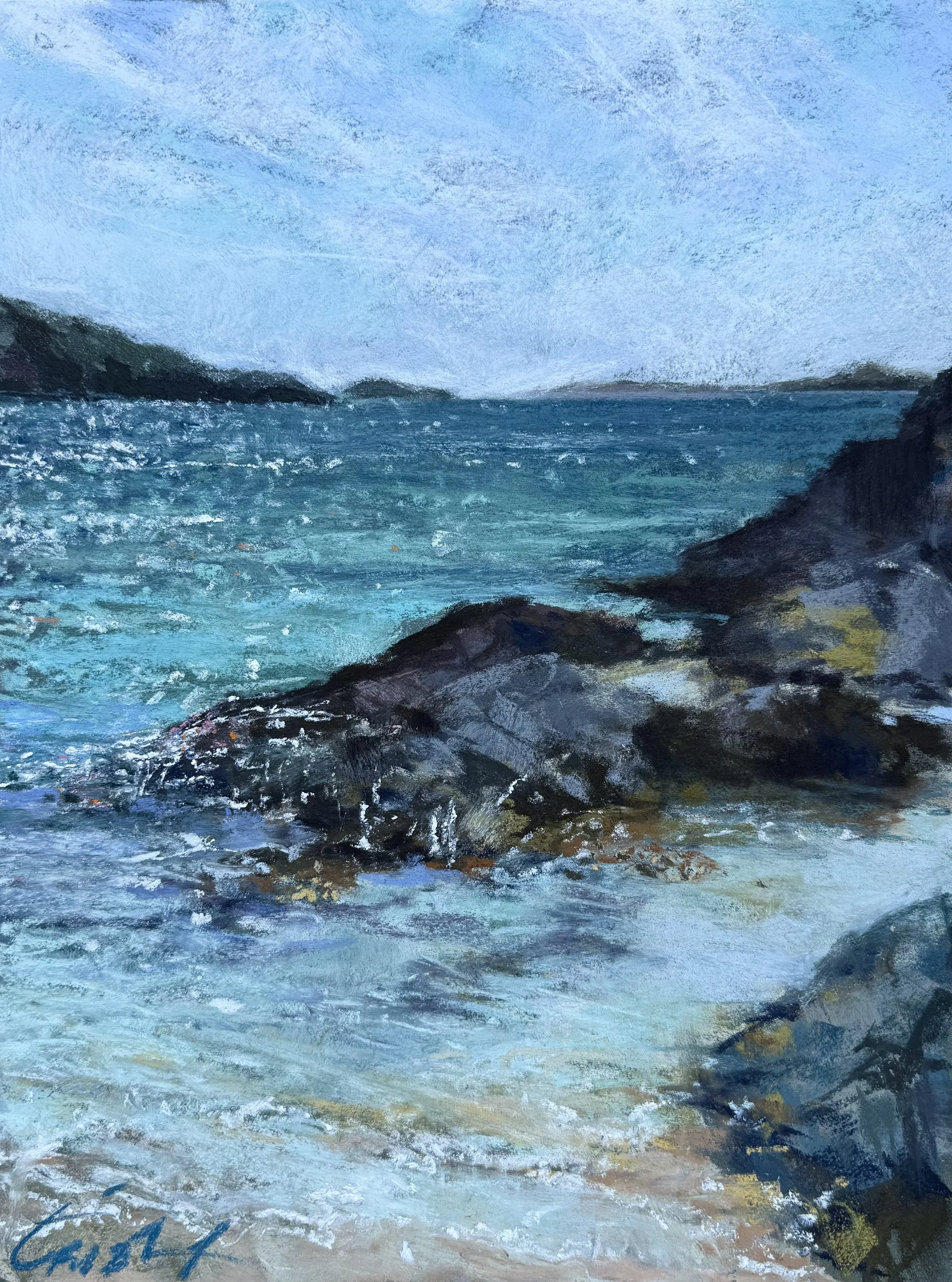 Warm Rockpool Glassilaun beach, by Trish Findlater; Soft pastel; Unframed dimensions - 35 x 25 cm; framed dimensions - 45 x 35 cm; Price - £1100.00