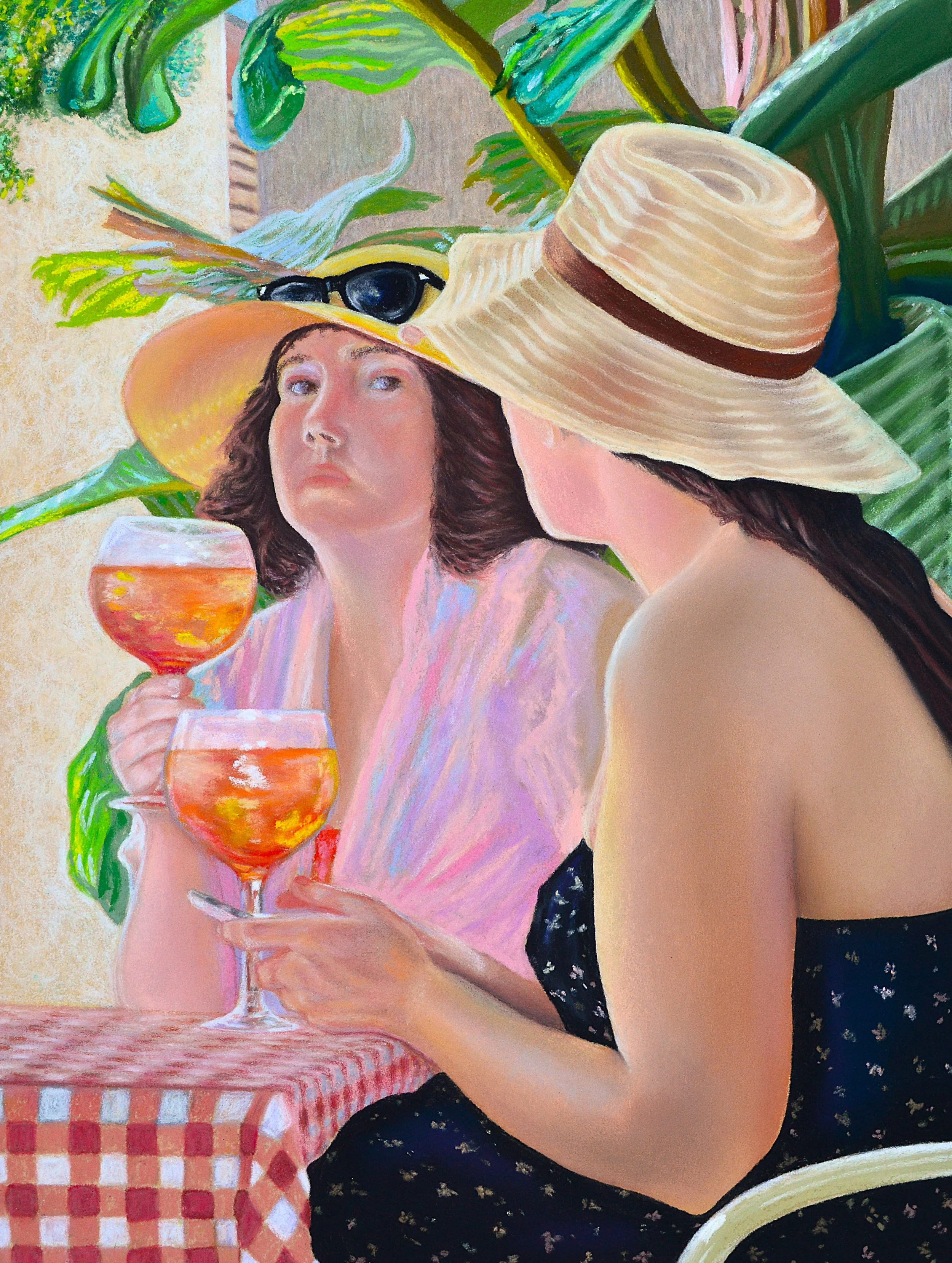 Gossip and spritz, by Patricia Mooney; Soft pastel; Unframed dimensions - 31 x 24 cm; Framed dimensions - 46 x 38 cm; Price £300.00