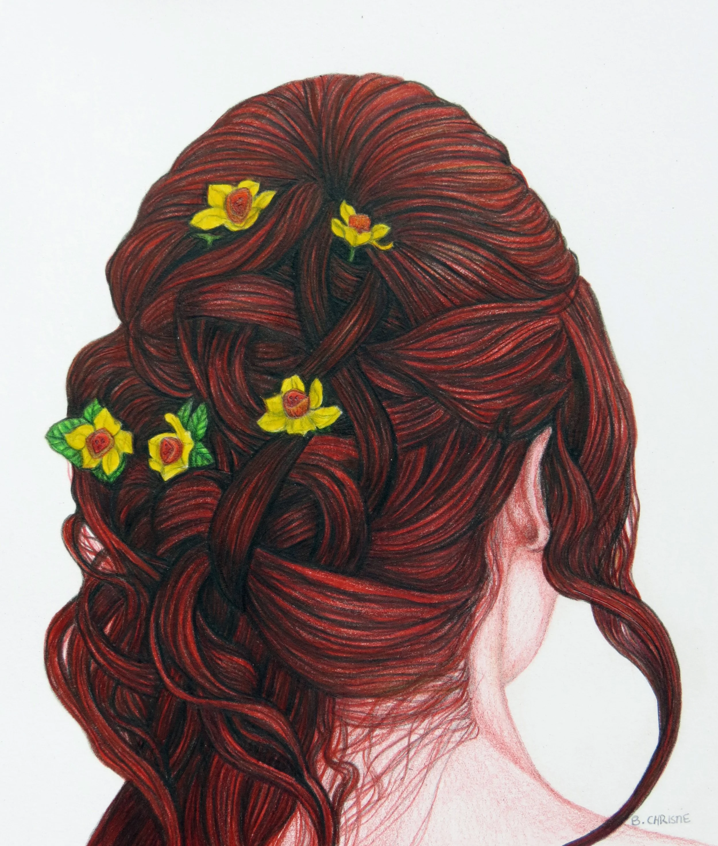 Wedding day hair, by Betty Christie; Coloured pencils; Unframed dimensions - 27 x 23 cm; Framed dimensions - 51 x 47 cm; Price £250.00