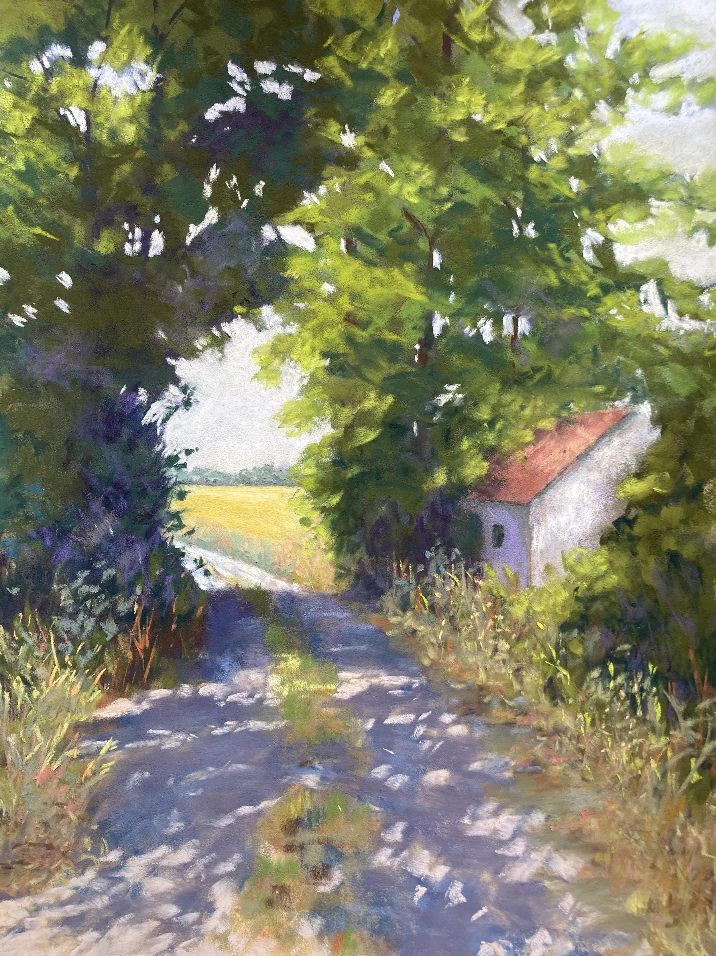 Where the lane bends, by Catherine McKeever; Soft pastel;  Unframed dimensions - 40 x 30 cm; Framed dimensions - 50 x 40 cm; Price £375.00