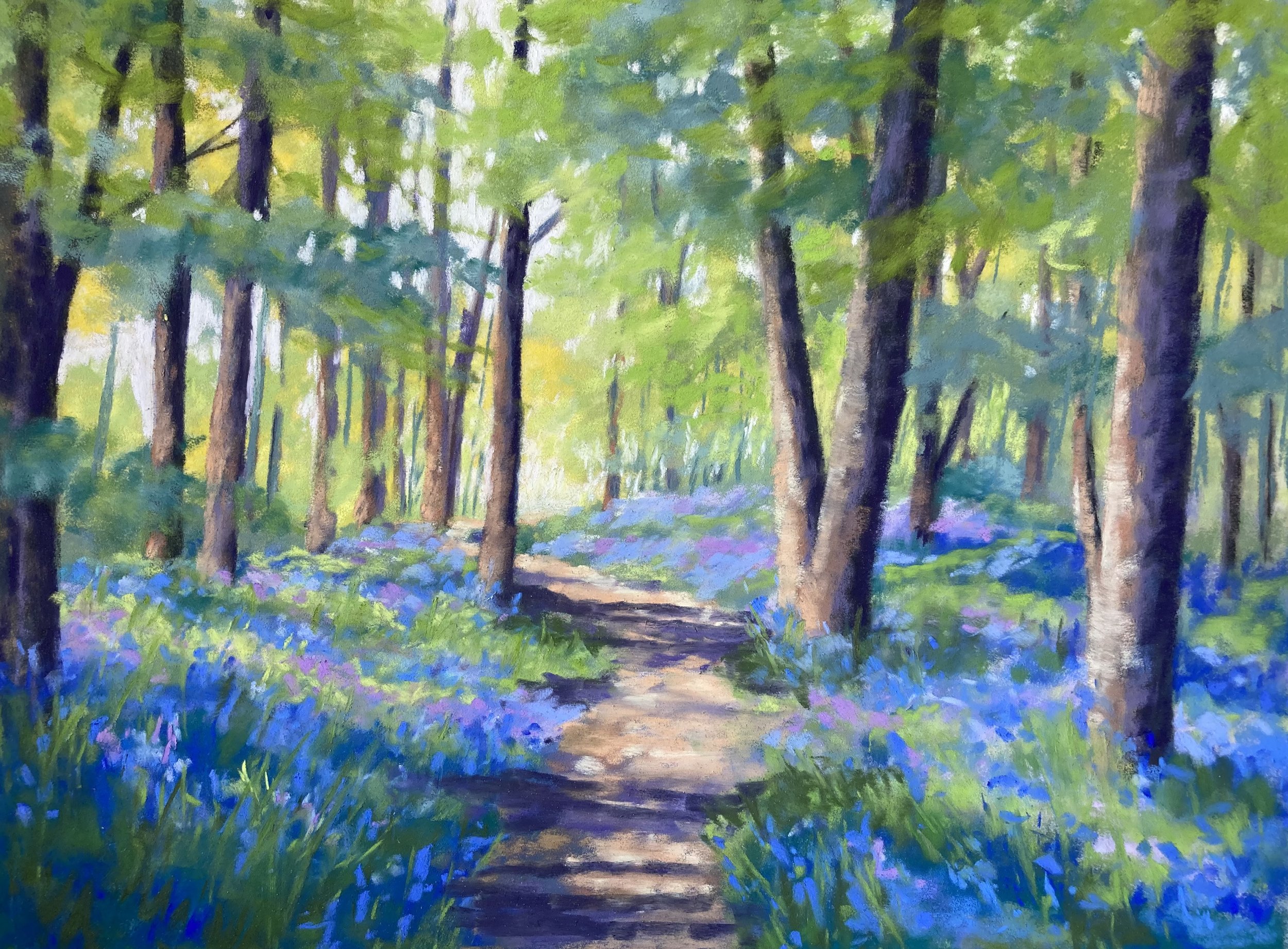 Where Bluebells Grow - Catherine McKeever, soft pastels, 30cm x 40cm artwork, 40cm x 50cm framed size. £350.