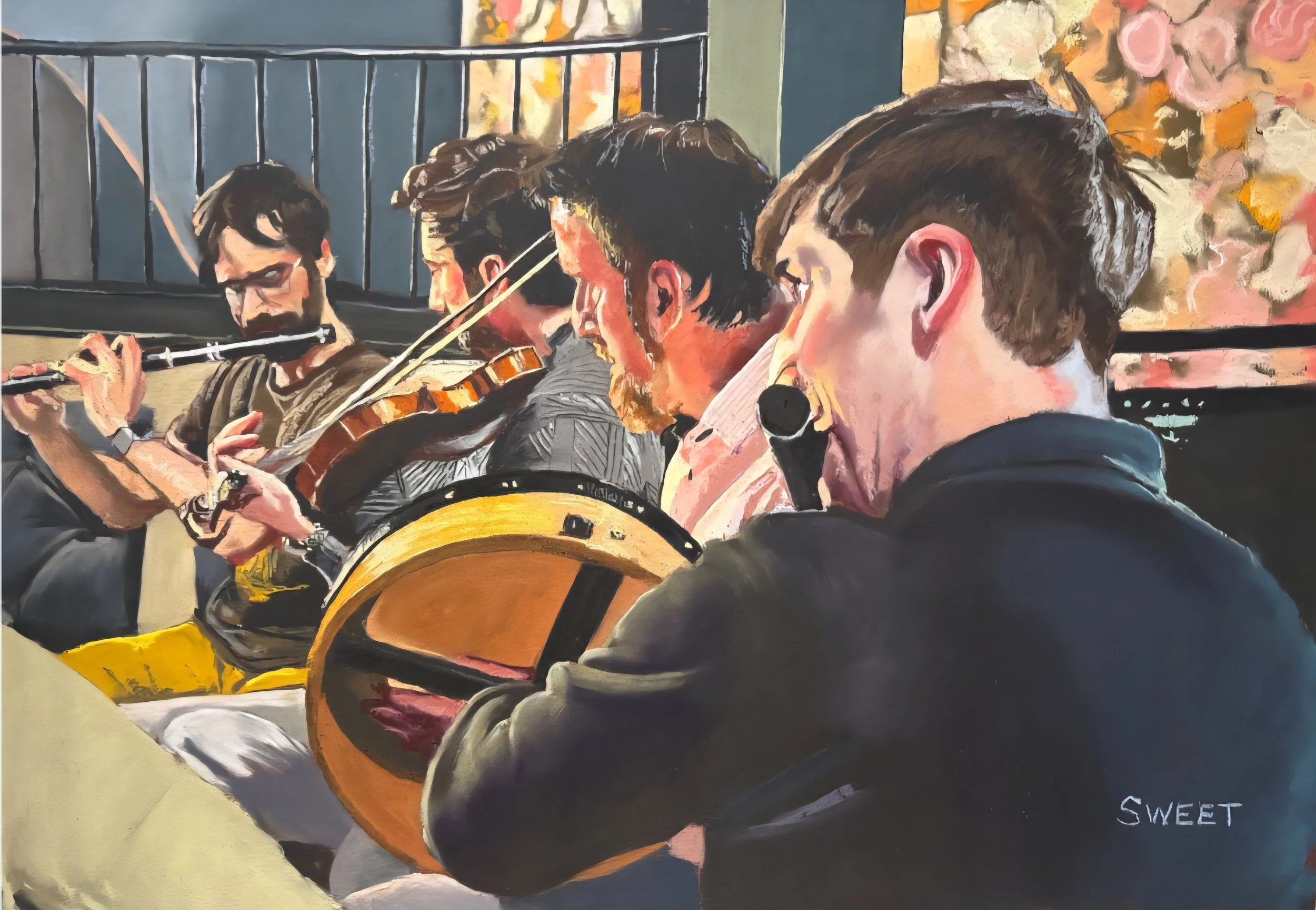 Trad Night, by David Sweet.
Soft pastel.
Artwork - 80cm x 56cm
Framed - 100cm x 70cm
Price - £900