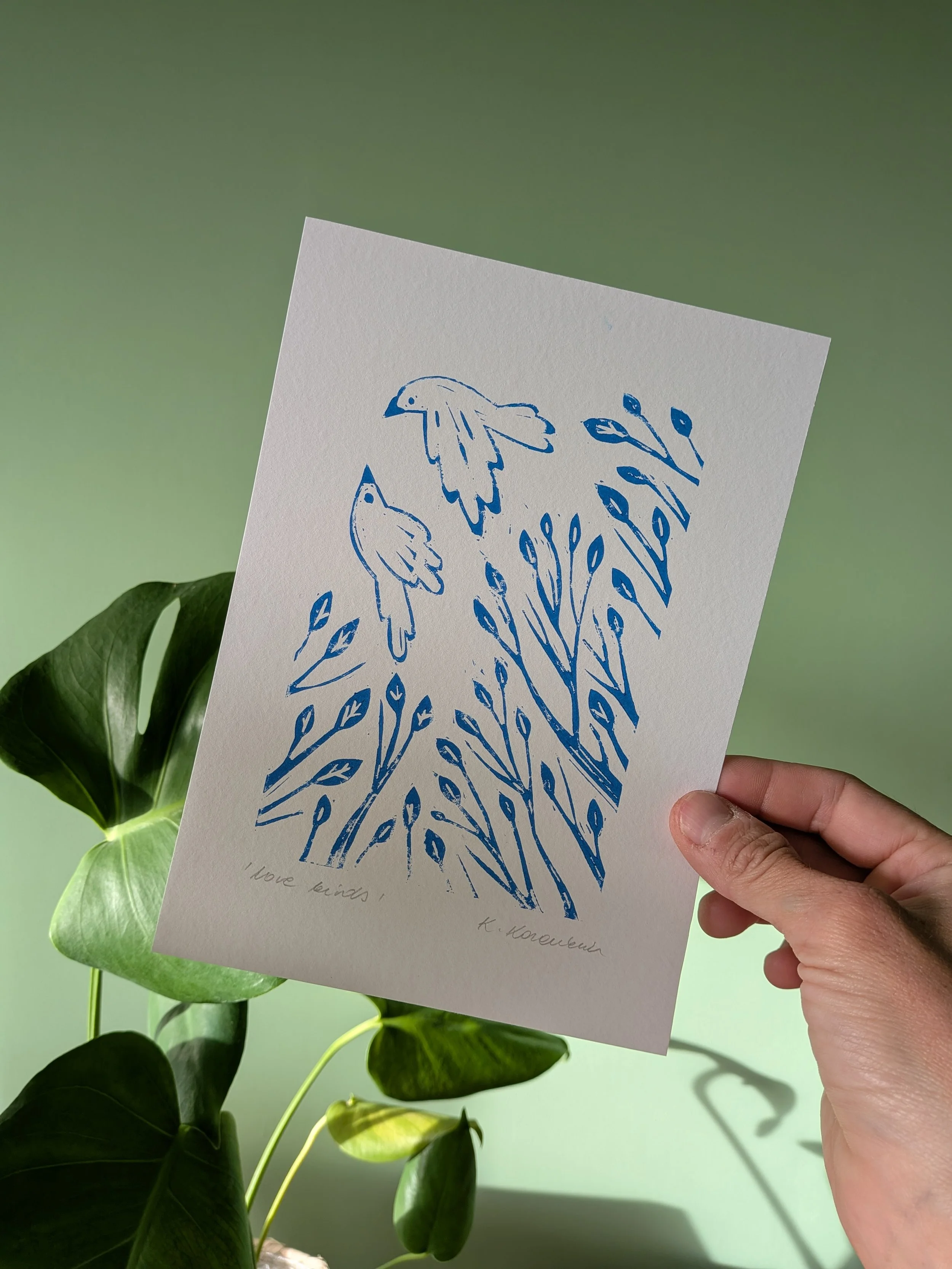 love birds - archive lino print