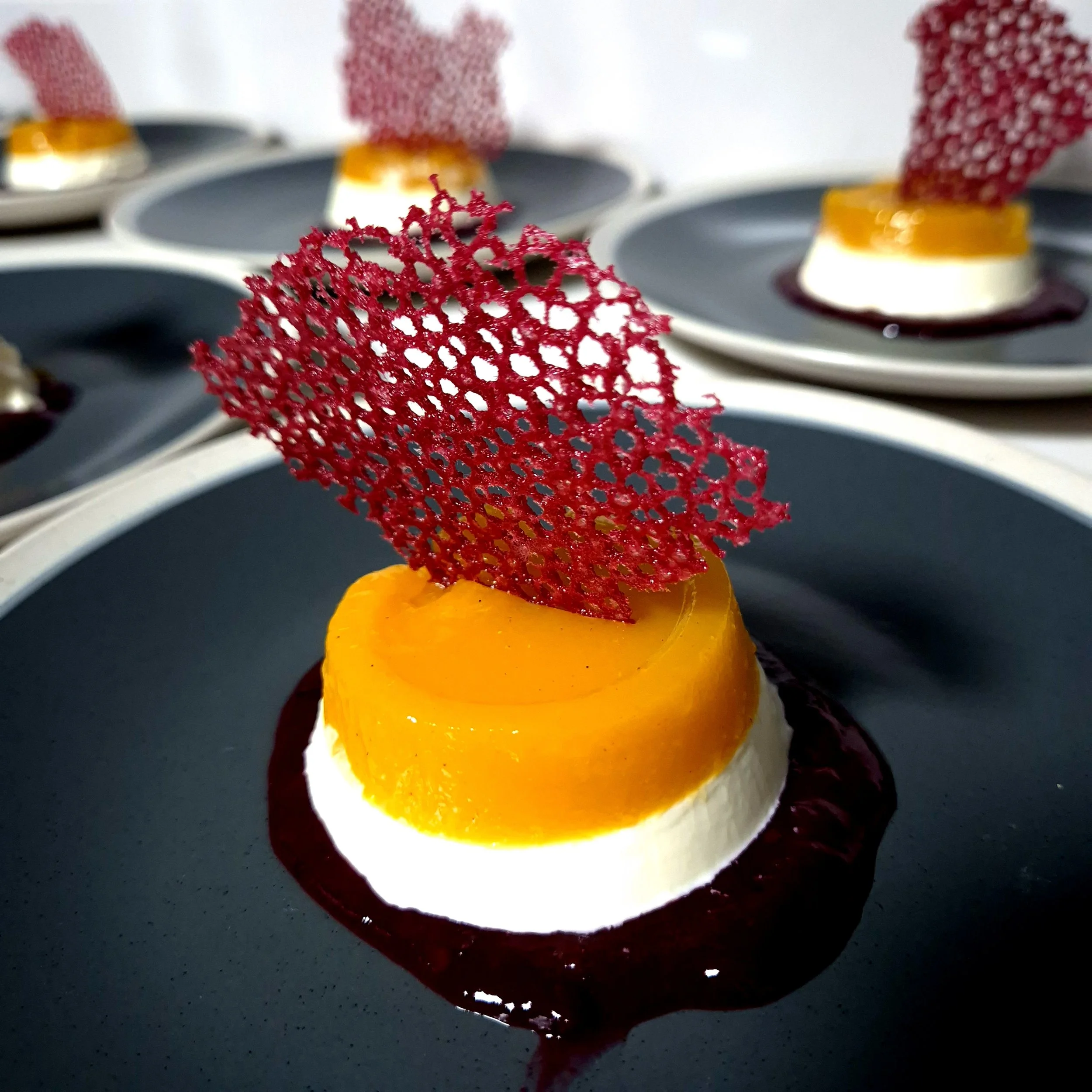 Gourmet dessert with a layered yellow and white base, topped with red decorative edible lace on a dark plate.