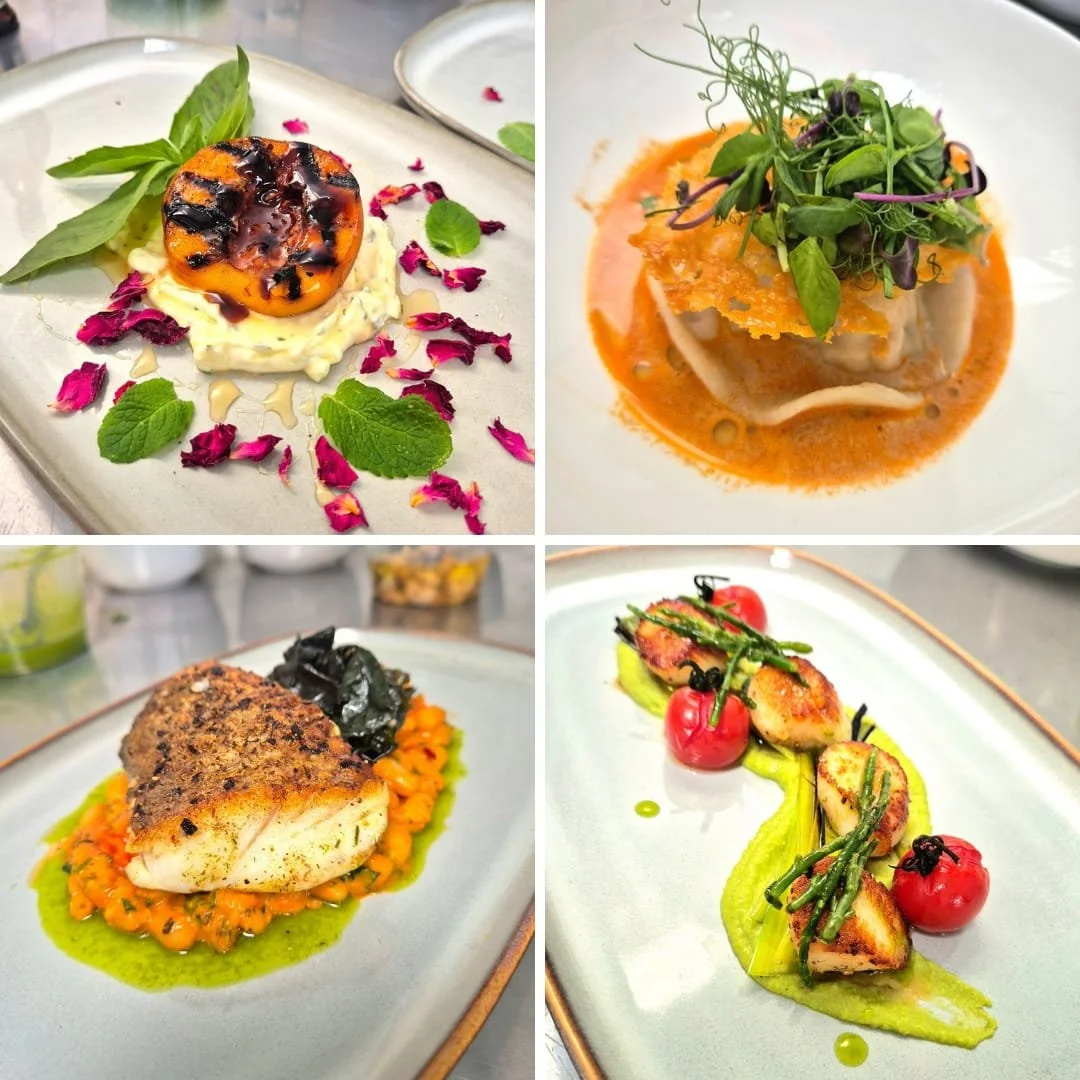 A collage of four fine dining dishes: top left features a grilled peach with sauce on a bed of mashed potatoes, decorated with flower petals and green leaves; top right shows a dumpling topped with microgreens and drizzled with orange sauce; bottom l