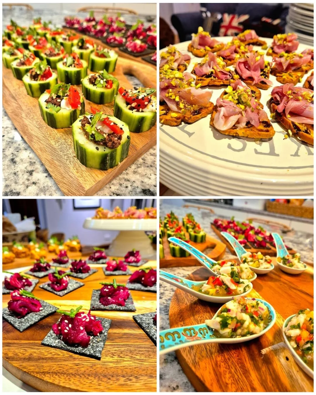 A collage of four images showing various appetizers on serving platters. The top left features cucumber cups filled with diced vegetables and topped with sesame seeds. The top right has crostini with slices of ham and chopped pistachios. The bottom left displays small black square crackers with a bright pink spread and garnished with green herbs. The bottom right shows colorful salads served in ornate spoons and bowls, with vegetables and herbs.