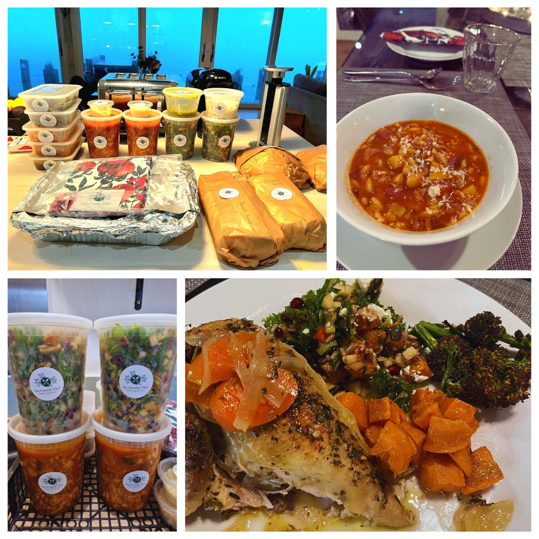 Collage of food items including packaged meals, a bowl of soup, and a plate with roasted chicken and vegetables.