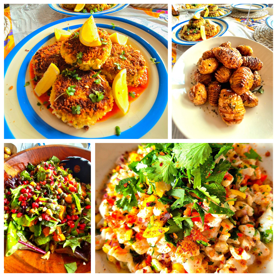A collage of four images showing various dishes: crispy patties with lemon wedges on a blue-rimmed plate, roasted potatoes in a bowl, a vibrant salad with mixed greens and pomegranate seeds, and a dish topped with fresh herbs and peppers.