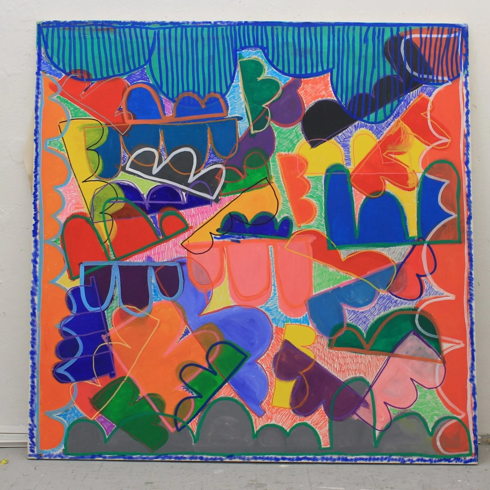 Colorful abstract artwork with numerous heart and leaf outlines in various vibrant colors, layered and overlapping, framed with a blue and green striped border.