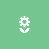 Icon of a gear above a stylized smiling face, all on a green background.