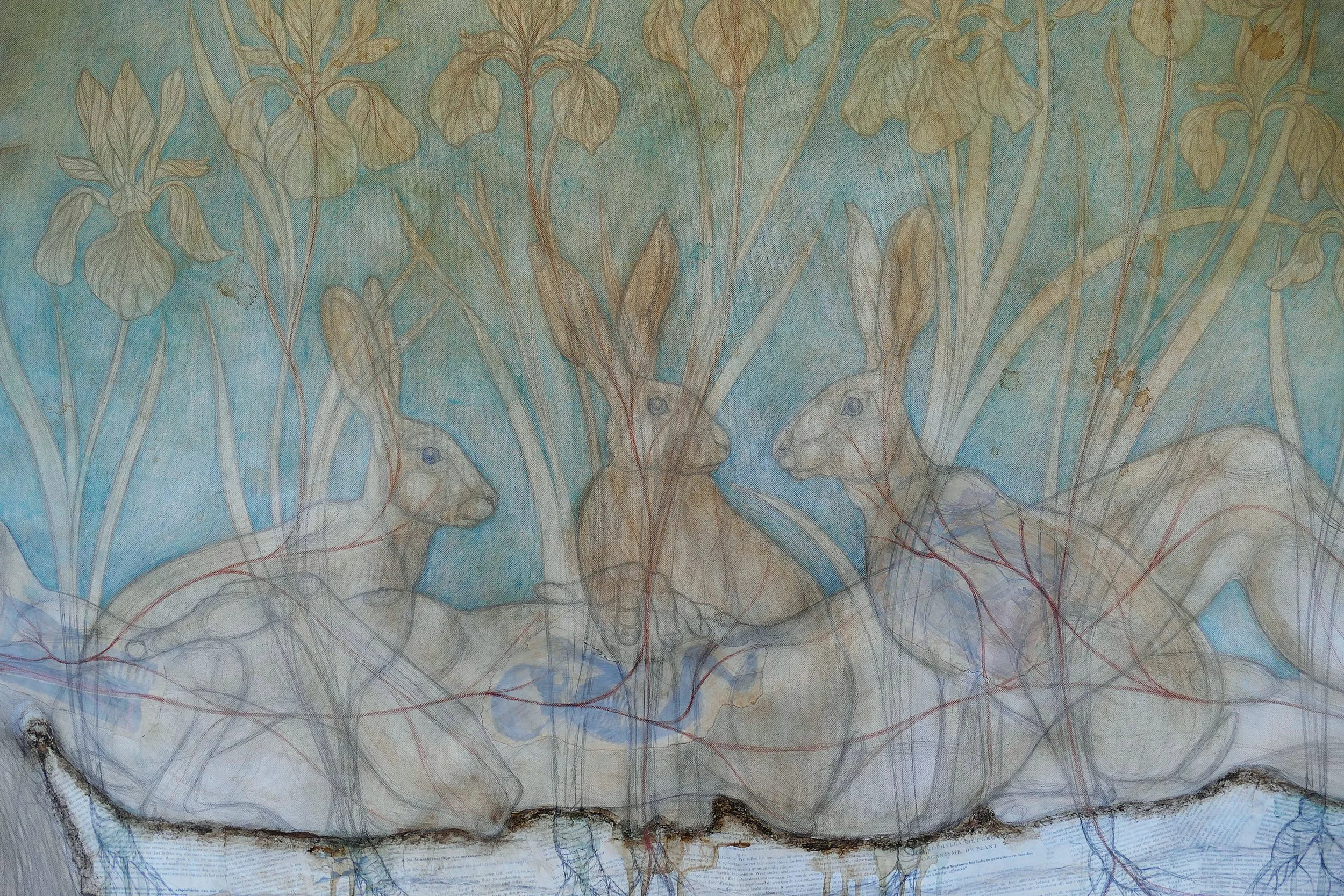 Pneuma, detail,  2026, 450 x 165 cm, potlood, bister, gesso, collage, aarde op katoen