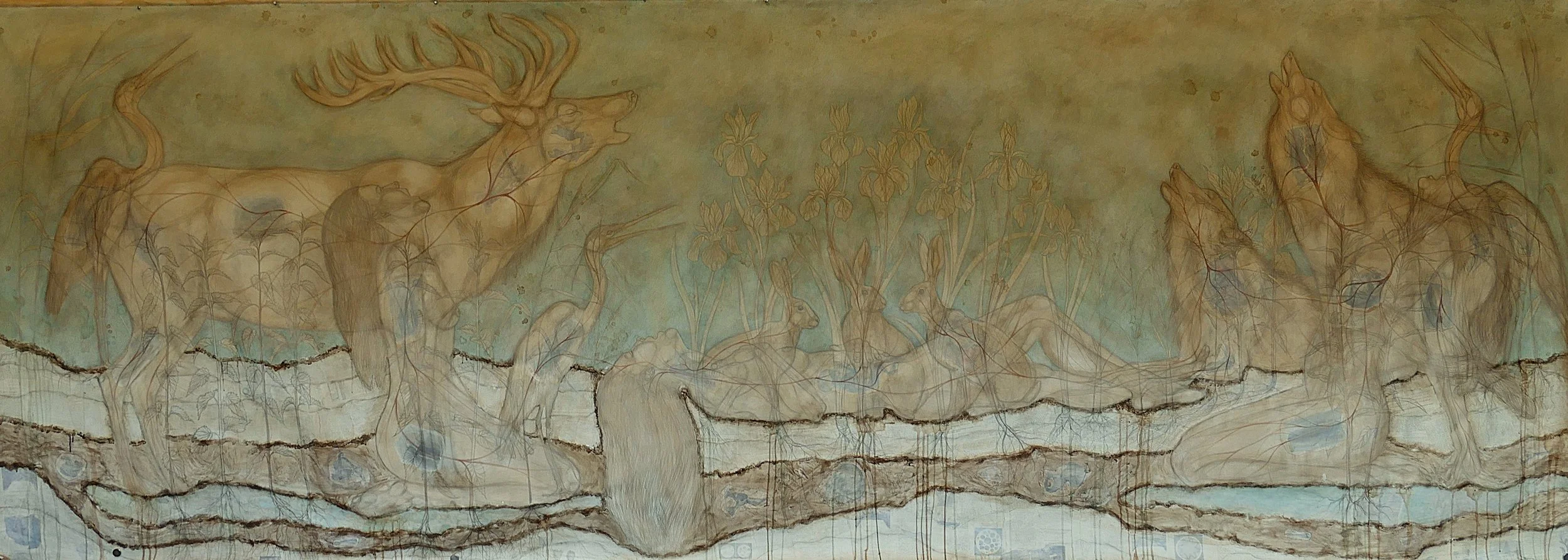 Pneuma, 2026, 450 x 165 cm, potlood, bister, gesso, collage, aarde op katoen