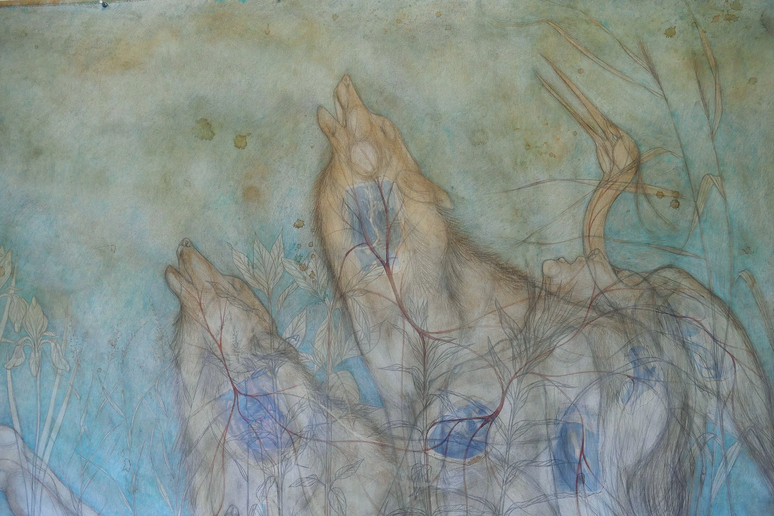 Pneuma, detail,  2026, 450 x 165 cm, potlood, bister, gesso, collage, aarde op katoen