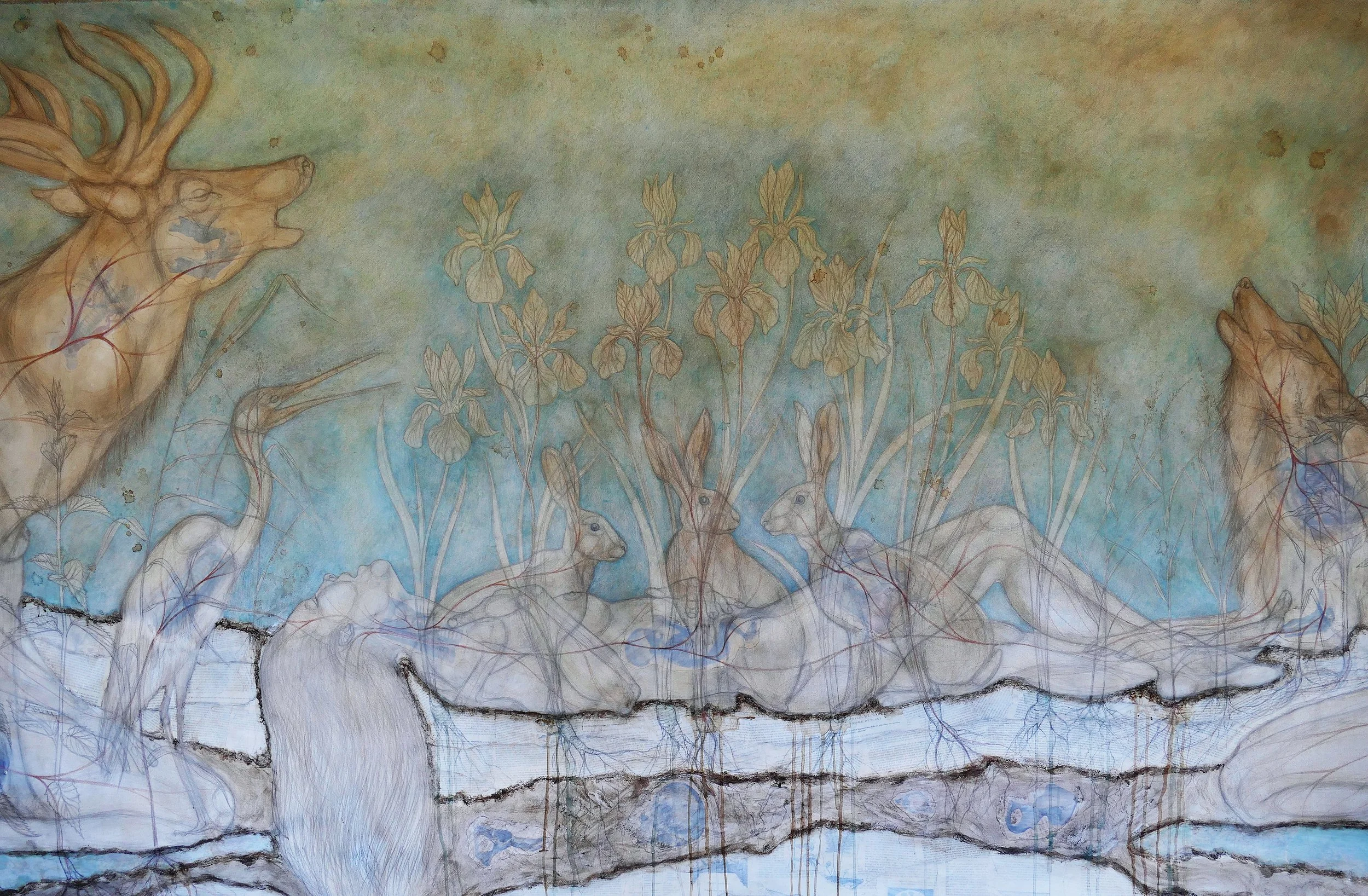 Pneuma, detail,  2026, 450 x 165 cm, potlood, bister, gesso, collage, aarde op katoen