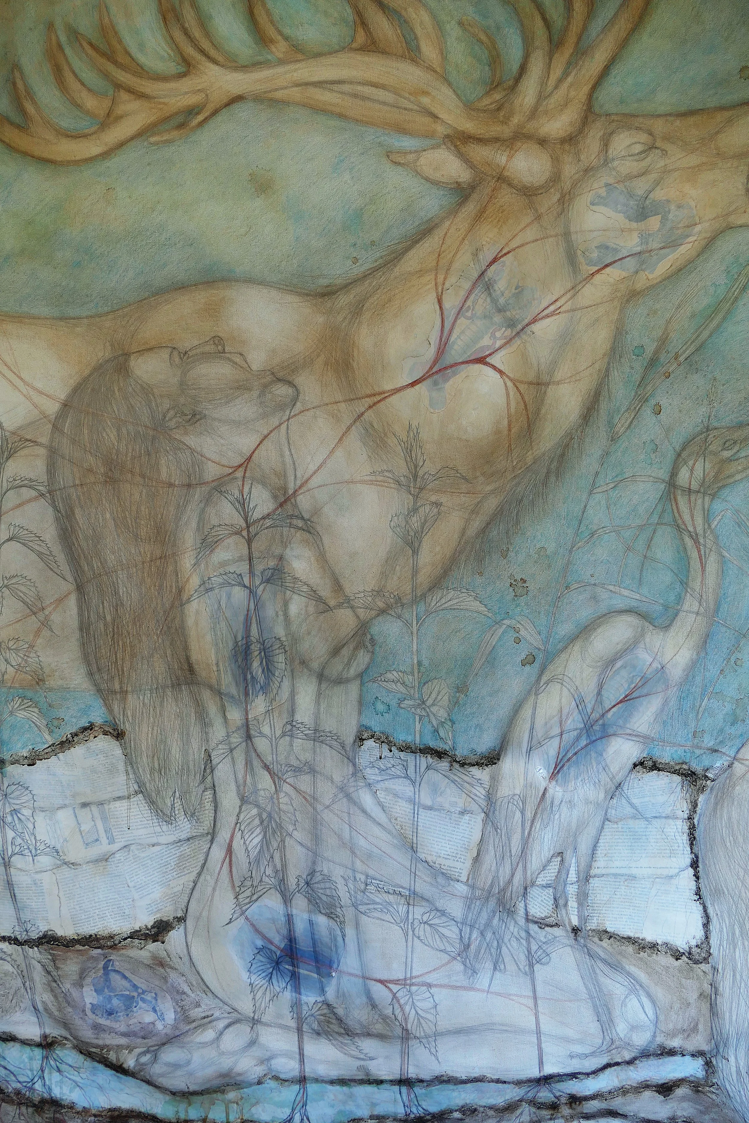 Pneuma, detail,  2026, 450 x 165 cm, potlood, bister, gesso, collage, aarde op katoen