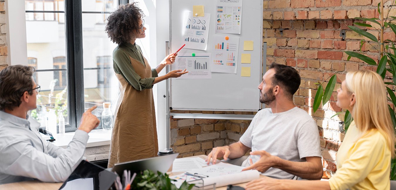 Marketing team collaborating around strategy and execution plan in structured workflow.