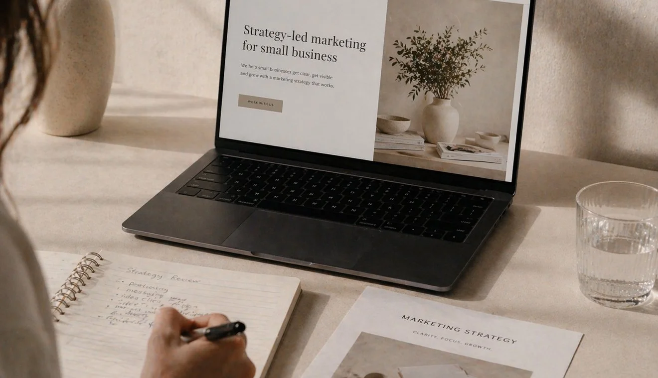 Small business owner reviewing marketing progress and long-term growth strategy.