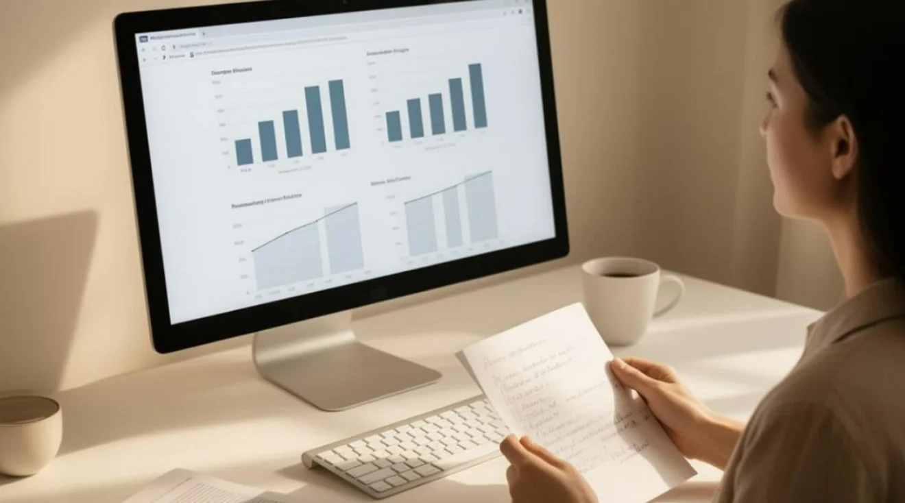 Small business owner reviewing marketing progress and long-term growth strategy.