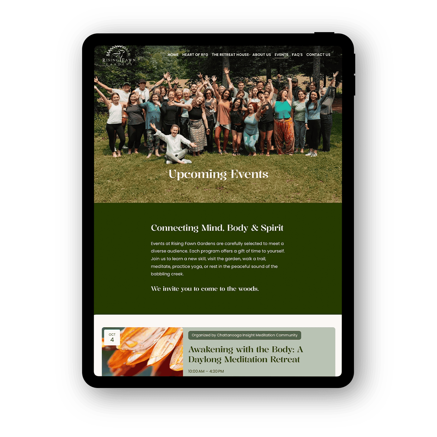 Screenshot of a website page for Rising Fawn Gardens, featuring an outdoor group photo of smiling people, text about upcoming events and meditation retreats, professional design with navigation menu and event details.