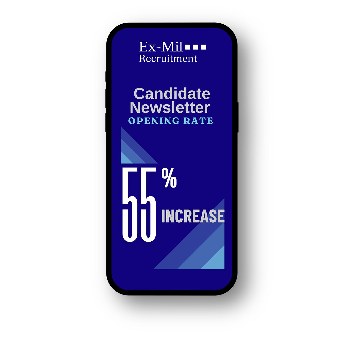Blue recruitment newsletter with text indicating a 55% increase in opening rate for ex-military candidates.