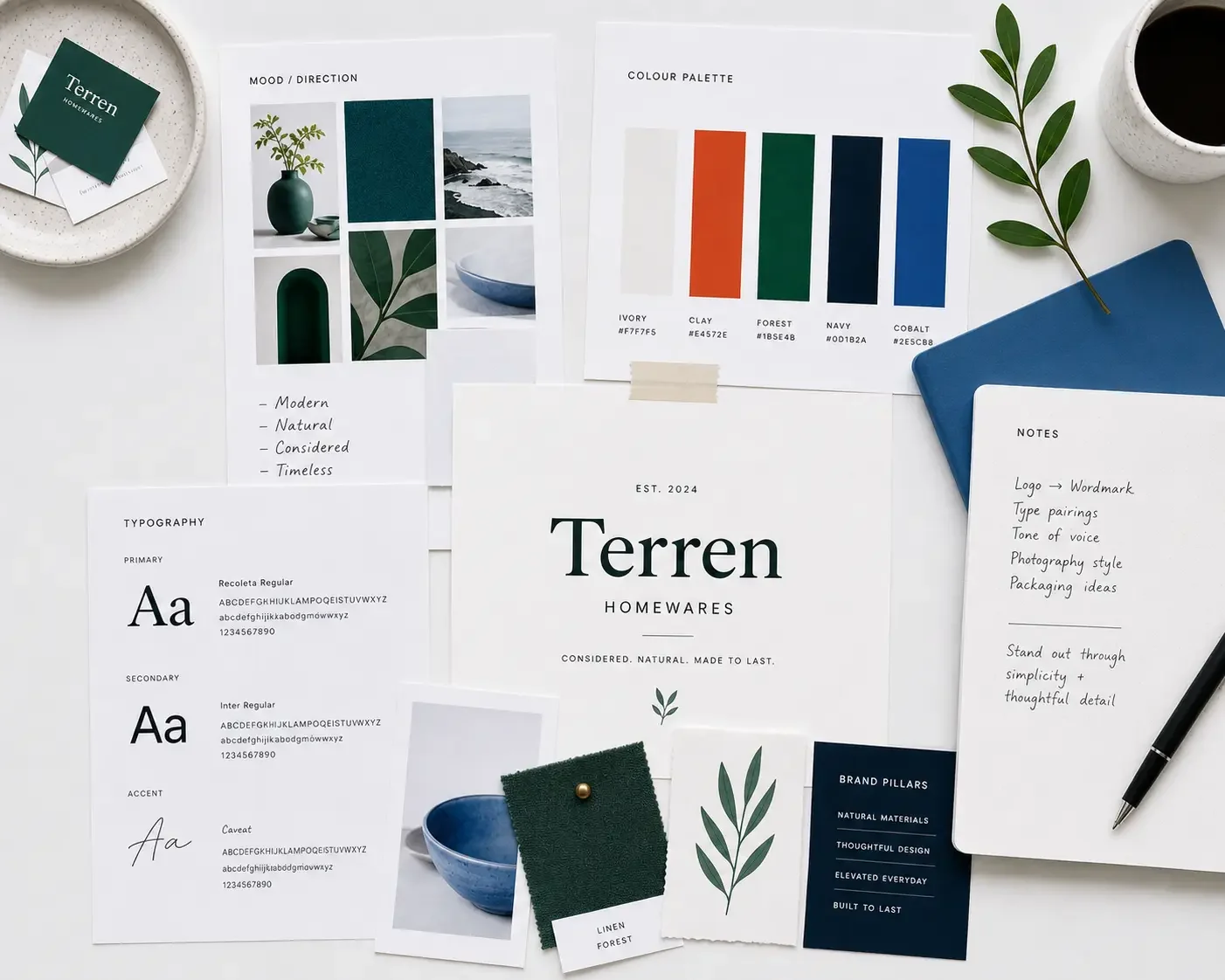 Brand identity project in progress with colour palettes, typography, and strategy notes.