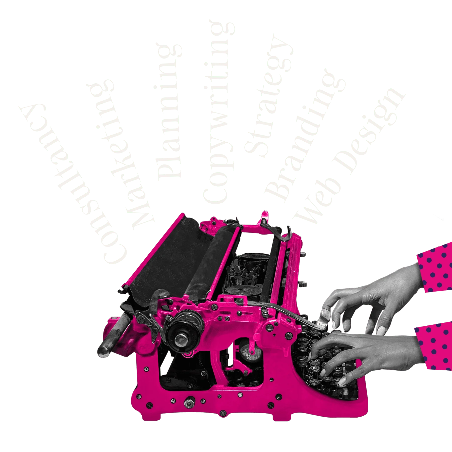 hands using vintage pink typewriter advertising saia creative services