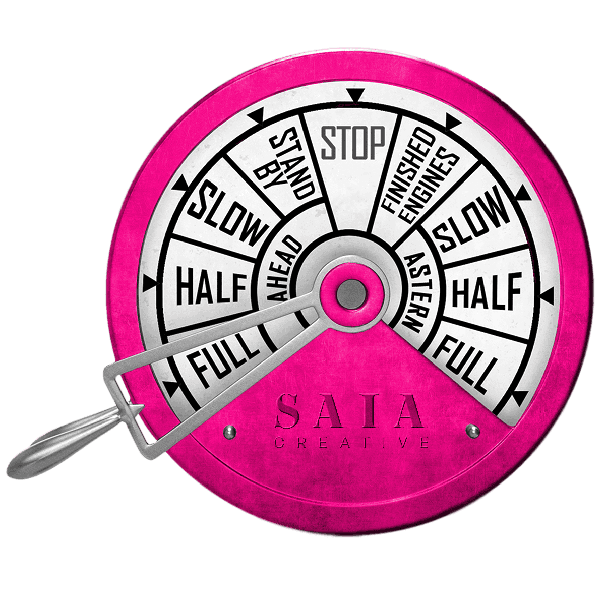 Pink and silver engine room telegraph dial branded Saia Creative on a black background.