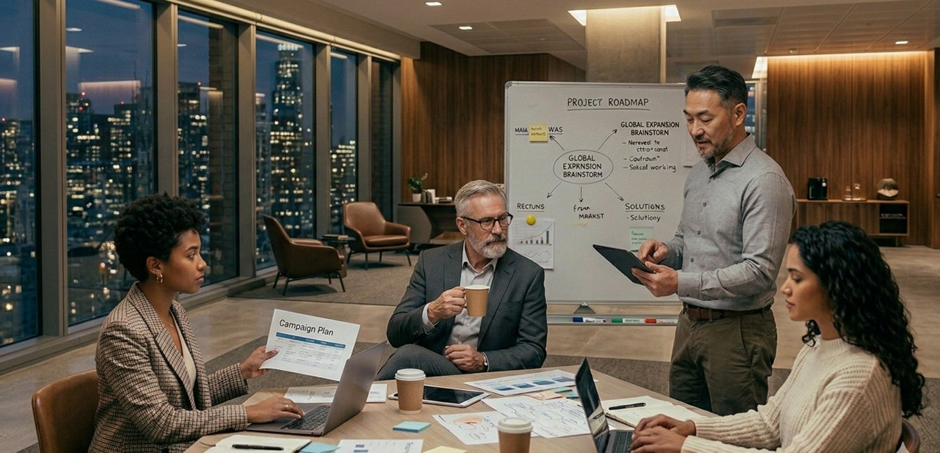 Business owner confidently reviewing marketing growth results with team.