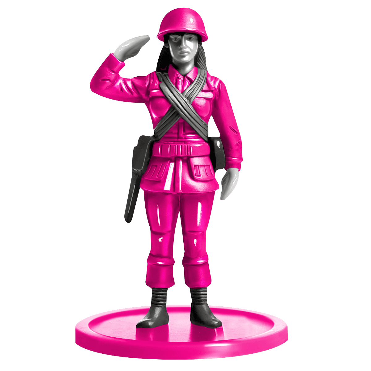 Pink plastic toy female soldier figurine saluting on a circular base.