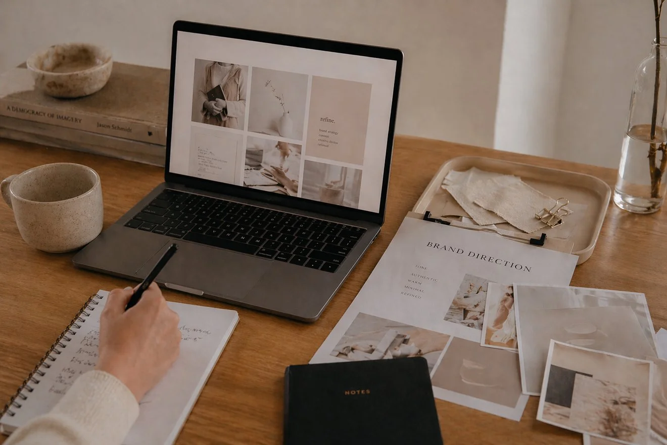 Workspace showing a small business developing brand content and social media assets.