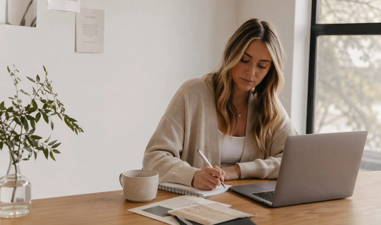 A small business owner planning their social media strategy at a desk.