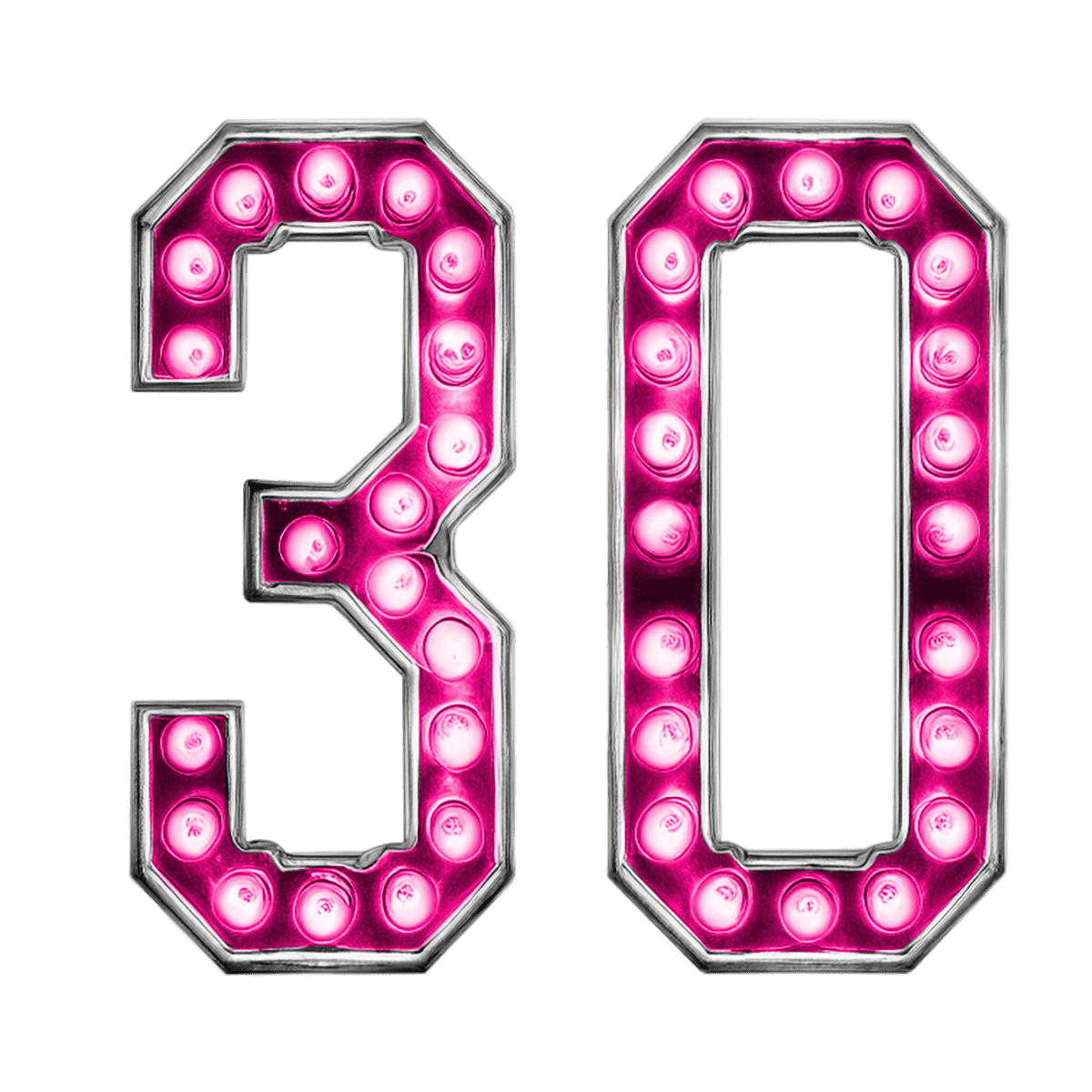 Pink illuminated marquee number 30 on a black background.