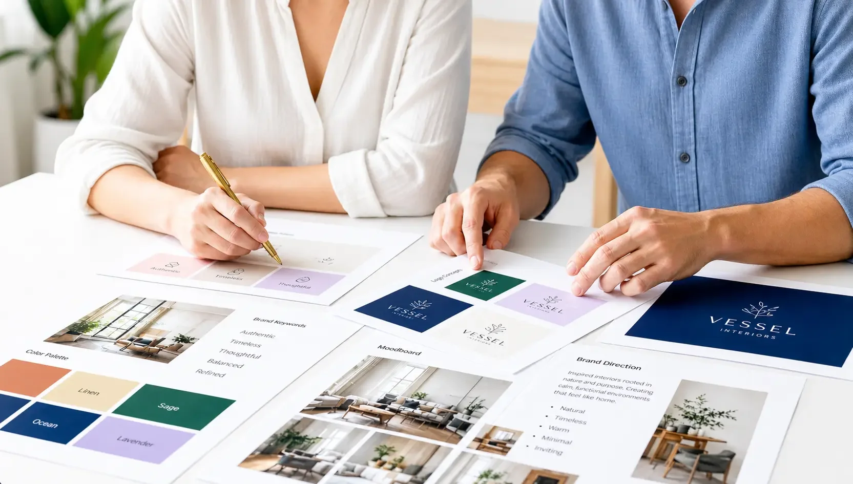 Designer and strategist reviewing a brand identity project.
