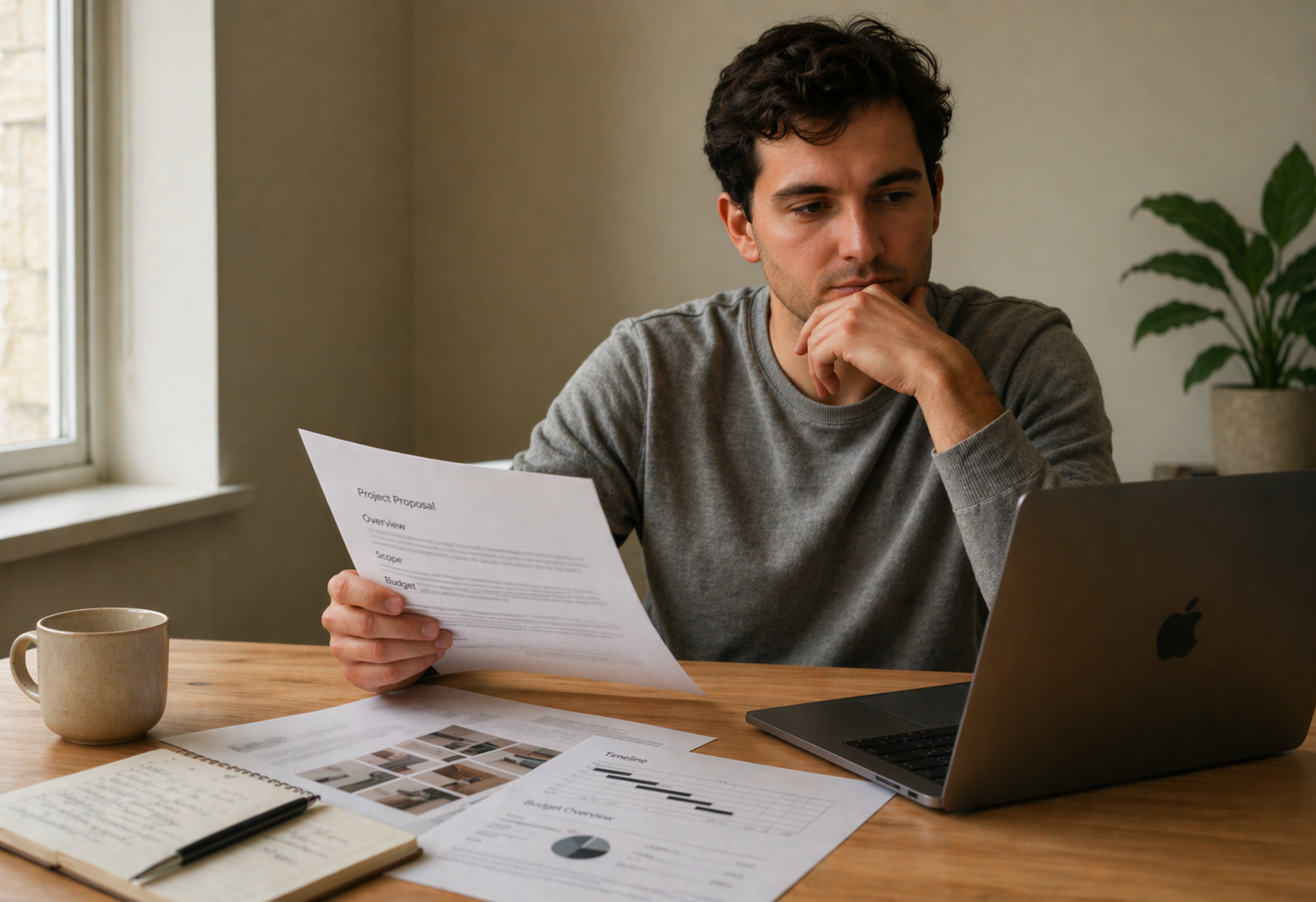 Business owner reviewing branding materials and questioning their effectiveness.