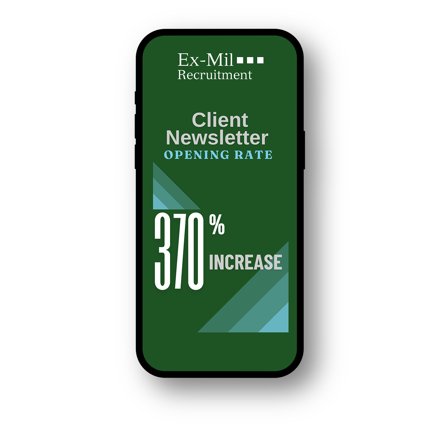 Green recruitment client newsletter with white text indicating a 370% increase in opening rate.