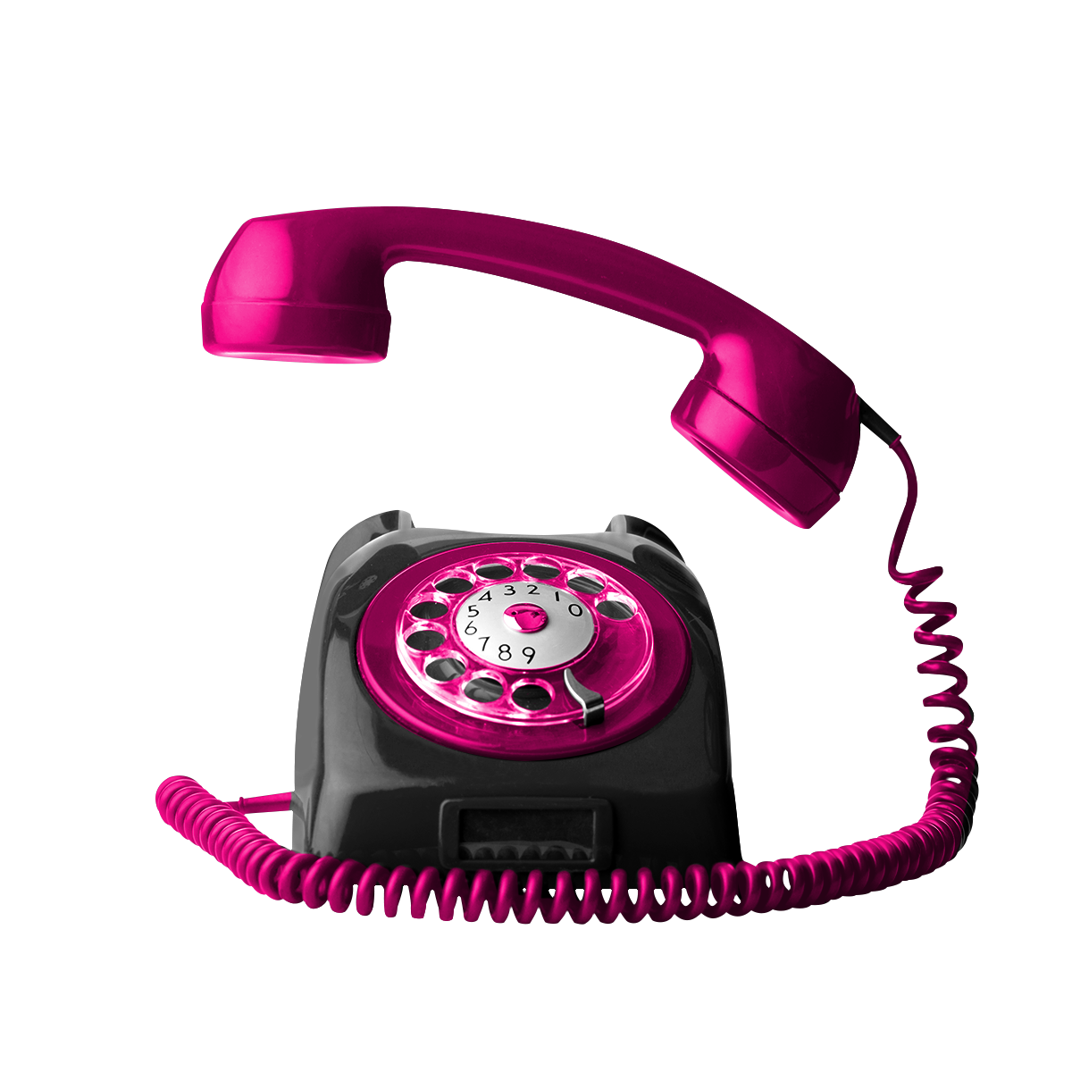 Black rotary telephone with bright pink handset and cord on a transparent background.