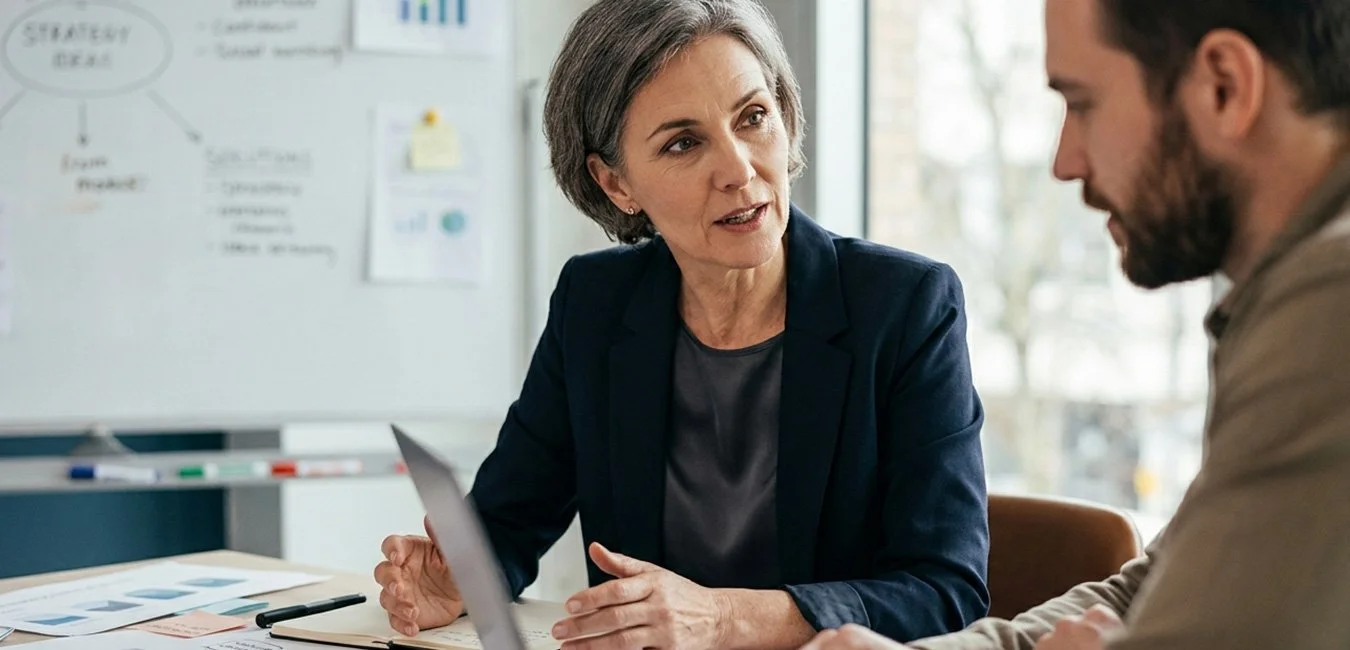 Fractional CMO leading marketing strategy discussion with business owner