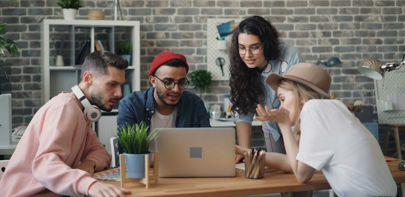 A team collaborating on a small business marketing strategy.