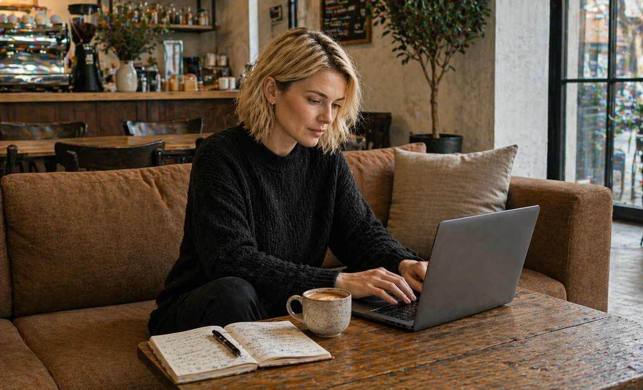 Small business owner reviewing marketing activity.