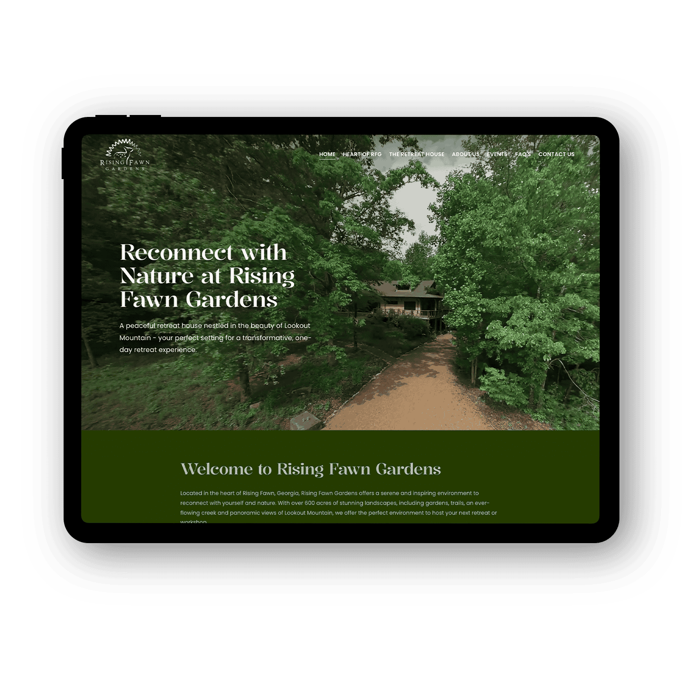 Homepage of Rising Fawn Gardens website featuring a lush green landscape with trees and a pathway leading to a house, with text about reconnecting with nature at the gardens.