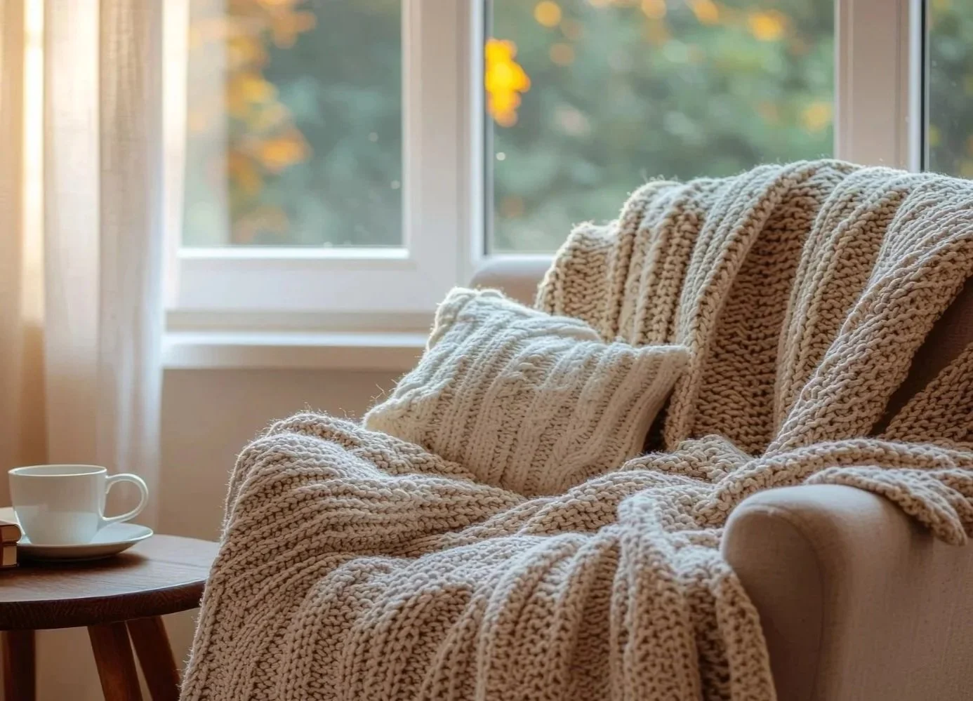 Cozy chair with tea, welcoming you to open conversations with a death doula