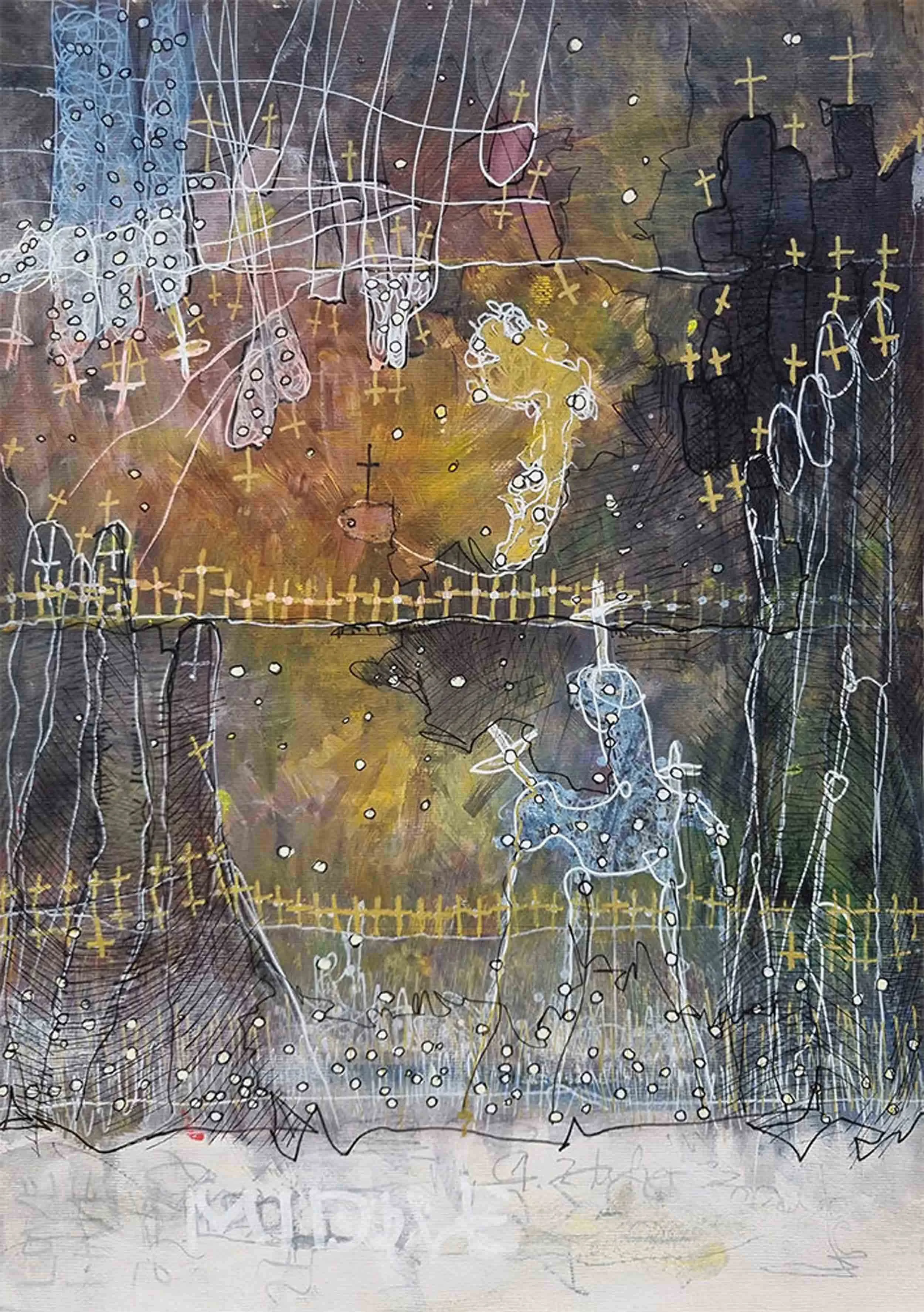 Abstract artwork of oval shapes, dots and crosses on yellow and grey background.