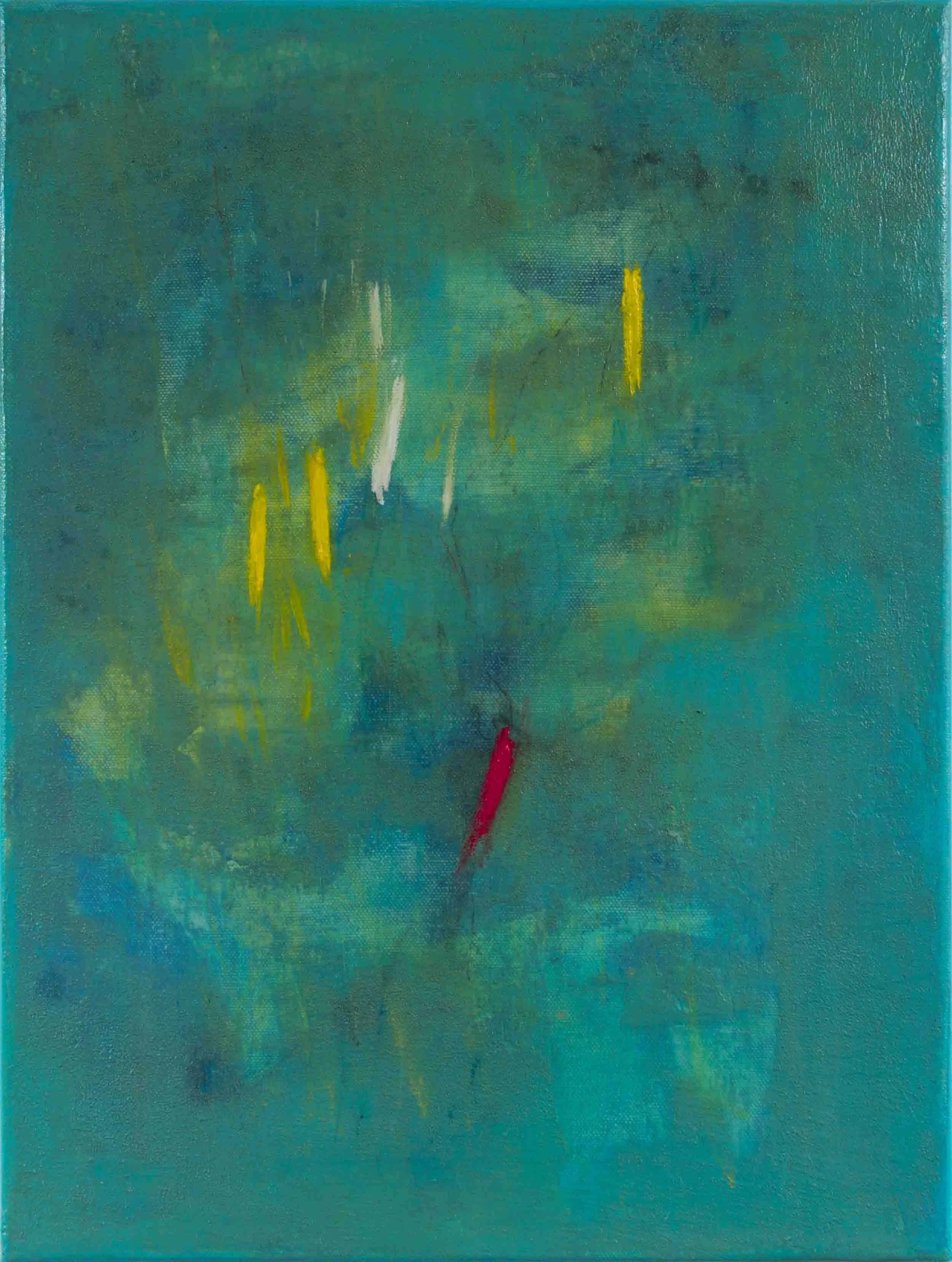Abstract artwork of red, yellow, and white marks on a turquoise backdrop.