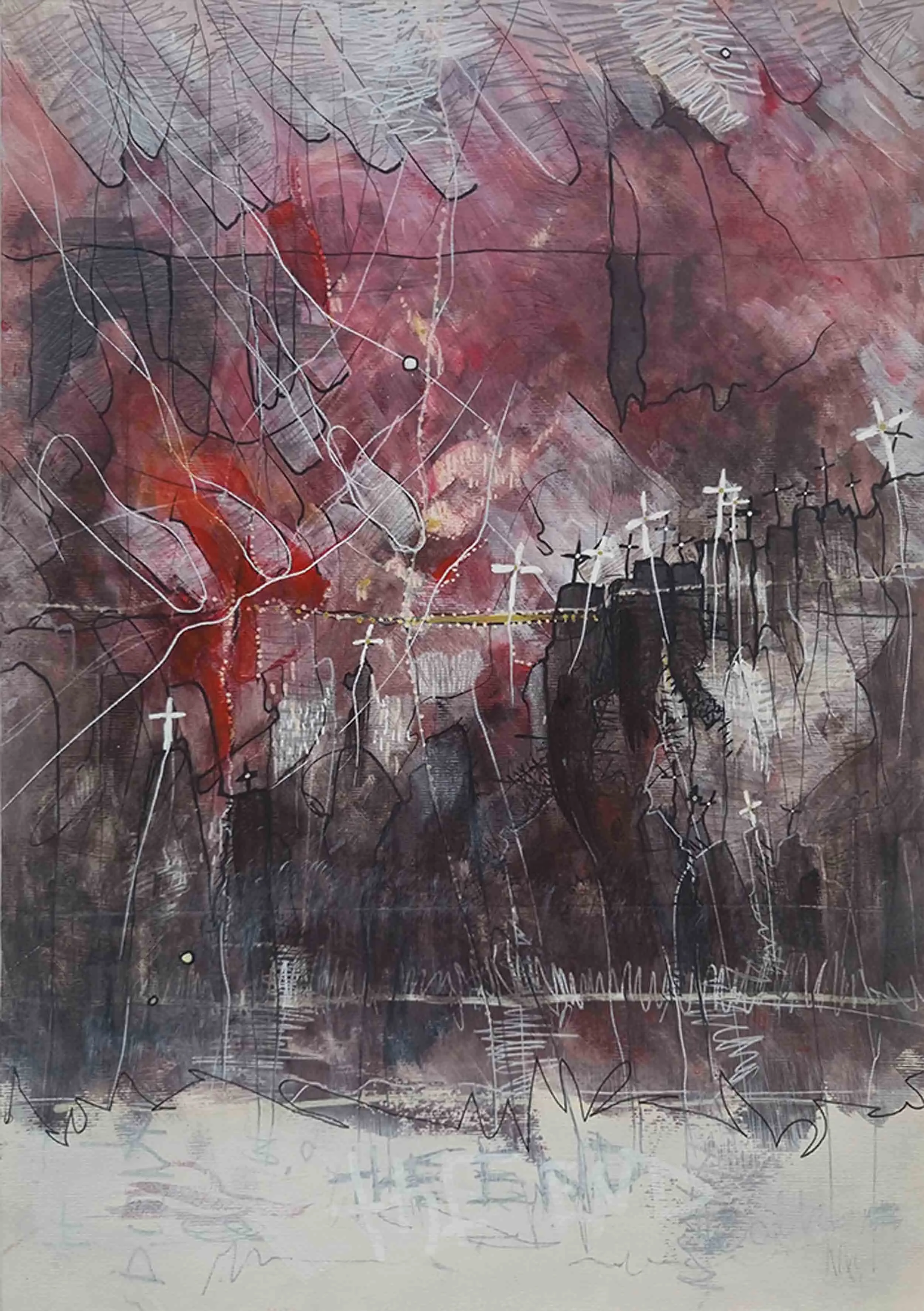 Abstract artwork of oval shapes, dots and crosses on red and grey background.